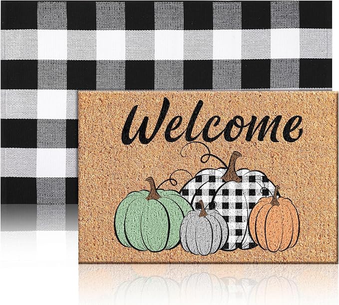 Moucuny 2 Pcs Fall Coir Doormat Outdoor 16'' x 28'' Stacked Pumpkin Welcome Doormat Layered 24'' x 35'' Black and White Plaid Rug Fall Non Slip Floor Mat Fot Autumn Entrance Porch Front Decor