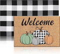 Moucuny 2 Pcs Fall Coir Doormat Outdoor 16'' x 28'' Stacked Pumpkin Welcome Doormat Layered 24'' x 35'' Black and White Plaid Rug Fall Non Slip Floor Mat Fot Autumn Entrance Porch Front Decor
