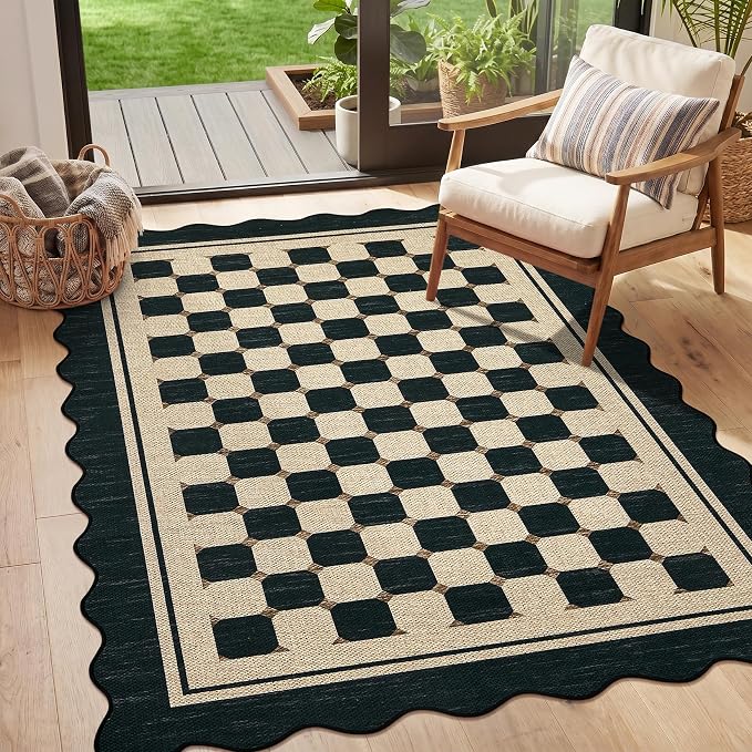 Garvee Easy Jute Checkered Area Rug, 4x6 Black Scalloped Modern Washable Rugs for Living Room Non-Slip Low Pile Entryway Mat, Farmhouse Indoor Outdoor Carpet for Kitchen Backyard Bedroom Office 4'x6'