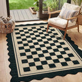 Garvee Easy Jute Checkered Area Rug, 4x6 Black Scalloped Modern Washable Rugs for Living Room Non-Slip Low Pile Entryway Mat, Farmhouse Indoor Outdoor Carpet for Kitchen Backyard Bedroom Office 4'x6'