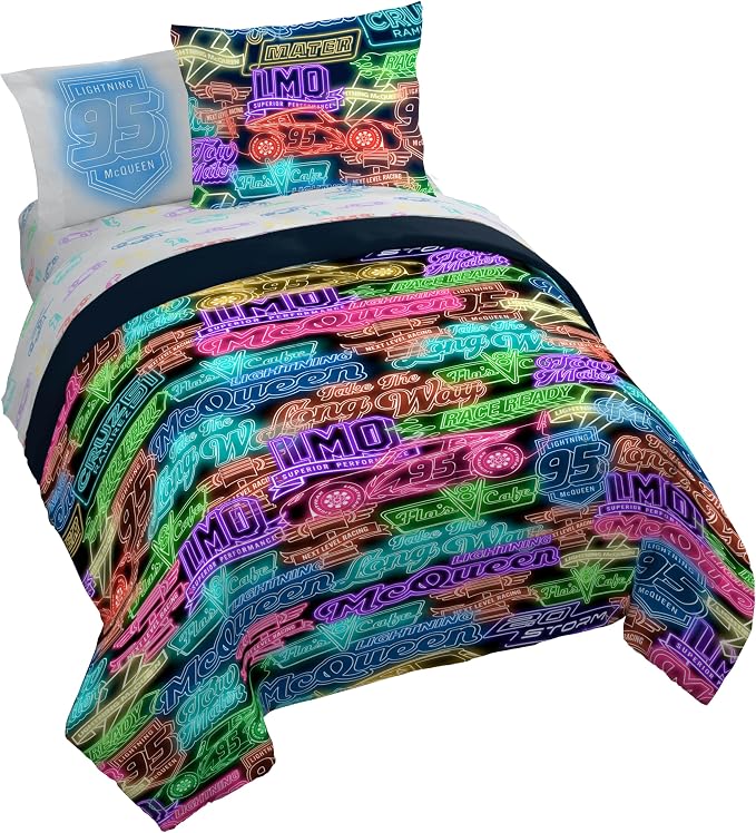 Disney Pixar Cars McQueen Queen Comforter Set 7 Piece Kids Bedding, Black | Neon Racecar, Bed in a Bag, Comforter Sheets Shams Pillowcases, Official Product, Microfiber, Machine Washable, Boys Gift