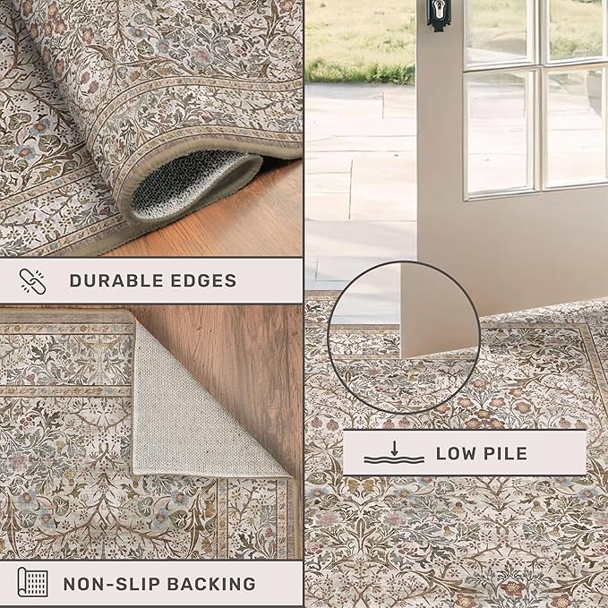 Washable Dining Room Rugs for Under Table - 6x9 Moss Green Oriental Area Rug for Living Room, Low Pile Non-Slip Floor Carpet for Bedroom Under Bed - Vintage Brown Neutral Design & Stain Resistance