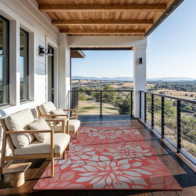 GENIMO Outdoor Rug, Waterproof Plastic Rugs for Patio, 6'x9' Red Grey | Outside Larger Leaf Carpet Mat for Porch Decor, Deck, Balcony, Camping, RV, Backyard, Picnic, Beach, Reversible, Foldable