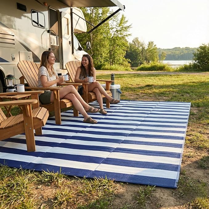 FH Home Outdoor Camping Rug - Waterproof, Fade Resistant, Reversible - Premium Recycled Plastic - Striped - Large Patio, Deck, Sunroom, RV - Brittany Stripe - Blue & White - 9 x 12 ft Foldable