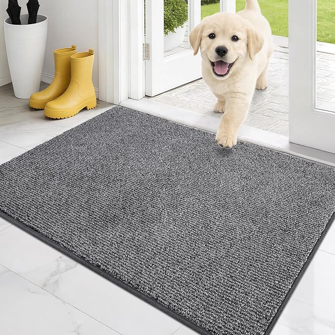 PURRUGS Dirt Trapping Door Mat 24" x 35.5", Non-Slip Machine Washable Entry Rug, Entrance Mat, Indoor Front Door Mat, Super Absorbent Entryway Rug for Muddy Shoes & Paws, Heathered Grey