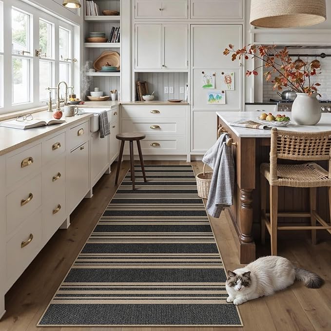 PureCozy Striped Easy Jute 2x8 Kitchen Runner Rug Black Washable Carpet for Hallway Non Slip Farmhouse Neutral Non Shedding Indoor Outdoor 2'6"x8 Long Rug Bathroom Bedroom Laundry Entryway