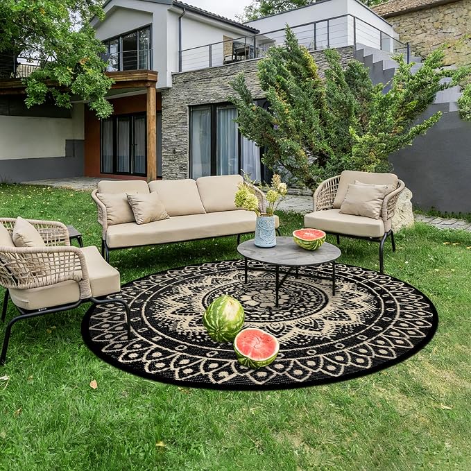 Round Outdoor Rugs for Patios, 6Ft Waterproof Reversible Plastic Straw Mat with Carry Bags, Boho Lightweight Outdoor Carpet Portable Round Floor Mat for Patio Camping Picnic Backyard RV,Black Camel