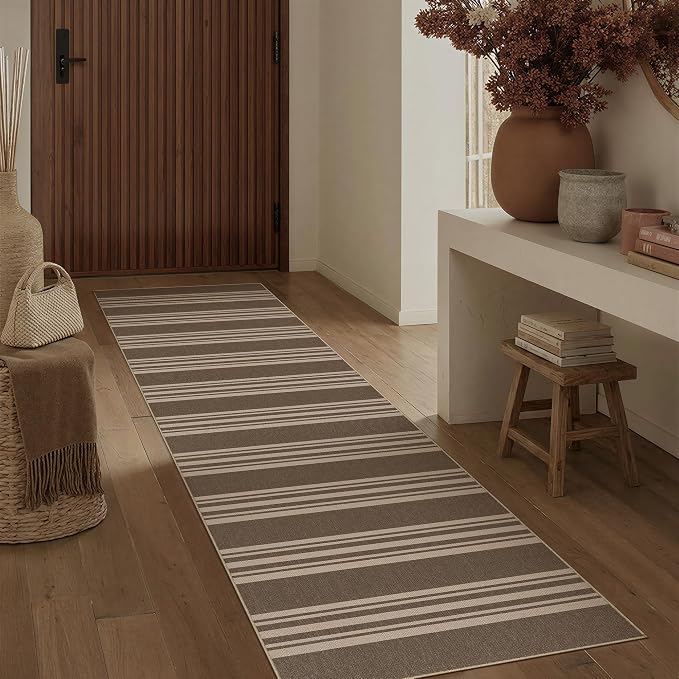 PureCozy Striped Easy Jute 2x8 Kitchen Runner Rug Brown Washable Carpet for Hallway Non Slip Farmhouse Neutral Non Shedding Indoor Outdoor 2'6"x8 Long Rug Bathroom Bedroom Laundry Entryway