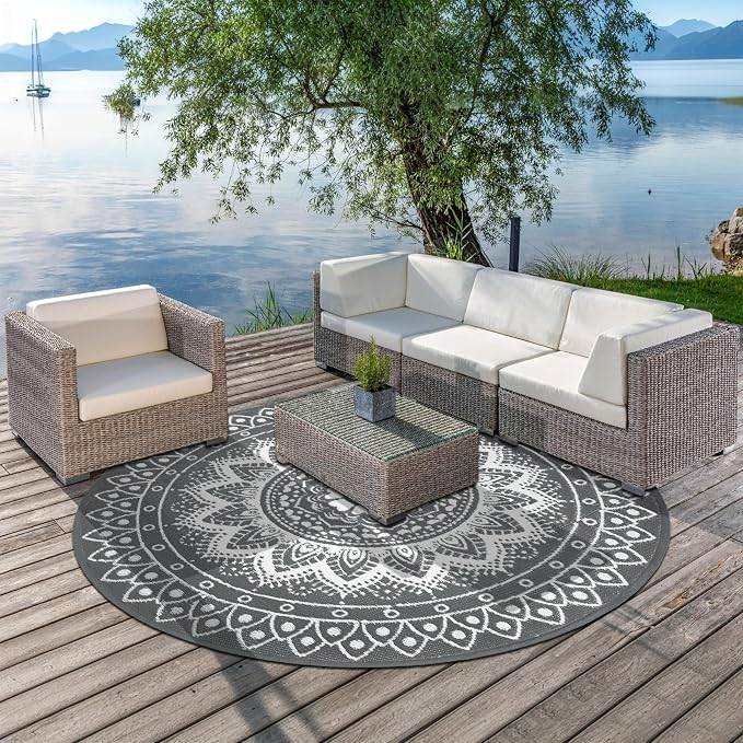 Round Outdoor Rugs for Patios, 6Ft Waterproof Reversible Plastic Straw Mat with Carry Bags, Boho Lightweight Outdoor Carpet Portable Round Floor Mat for Patio Camping Picnic Backyard RV,Grey & White