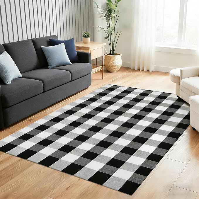 Buffalo Plaid Outdoor Rug 4x6 Ft Black and White Checkered Area Rug Washable Indoor Outdoor Rugs for Entryway,Hallway, Kitchen, Living Room, Dining Room, Bedroom