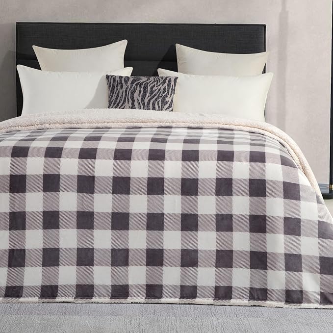 Elegant Comfort Ultra Soft Reversible Buffalo Plaid Flannel Sherpa Blanket - Cozy Silky Checkered Fleece Throw for Couch, Bed - Plush Fuzzy Warm Winter Blanket for Gift, Twin, Gray