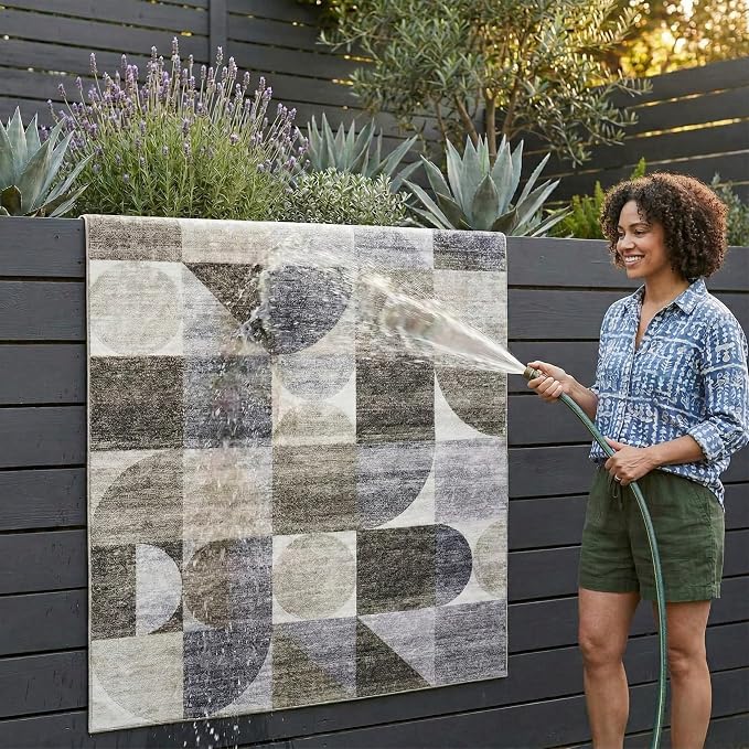 ReaLife Rugs Machine Washable Indoor Outdoor - Mat Rug Foldable Printed Thin Lightweight Cushioned Fade Resistant Patio Deck Dock Porch Pool Balcony Camping - Naya - Beige Brown Gray 6' x 9'