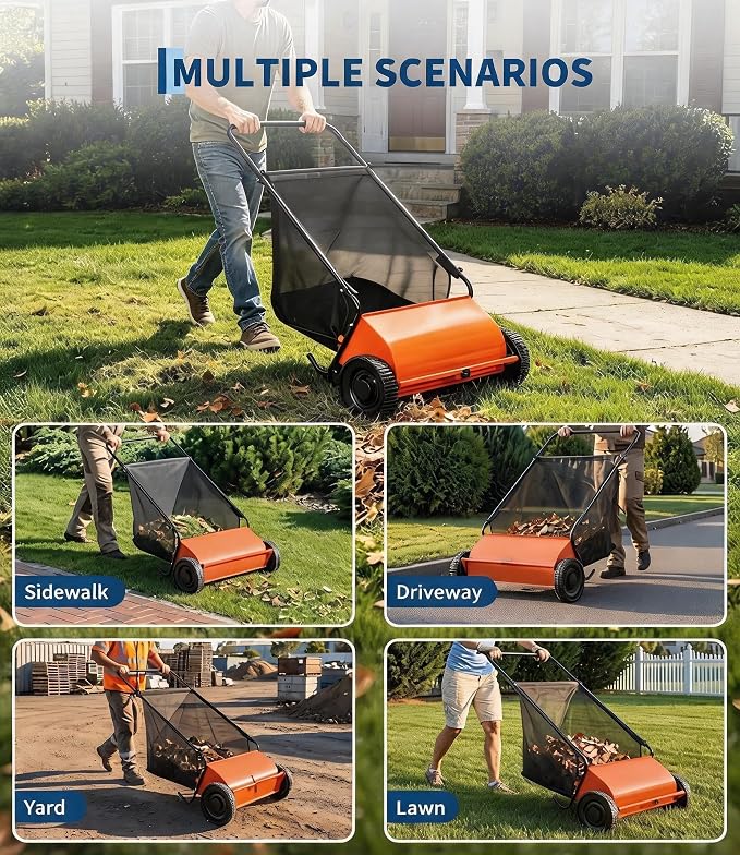 Push Lawn Sweeper, 26-Inch Width, 7 Cu. ft. Hopper Capacity, 4 Spinning Brushes