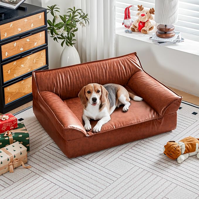 Large Leather Dog Sofa Pet Bed Couch for Large and Medium Dogs Under 70 lbs, Brown Luxurious Vintage Elevated Dog Sofa Chaise Indoor Furniture Style Pet Supplies Low Maintenance