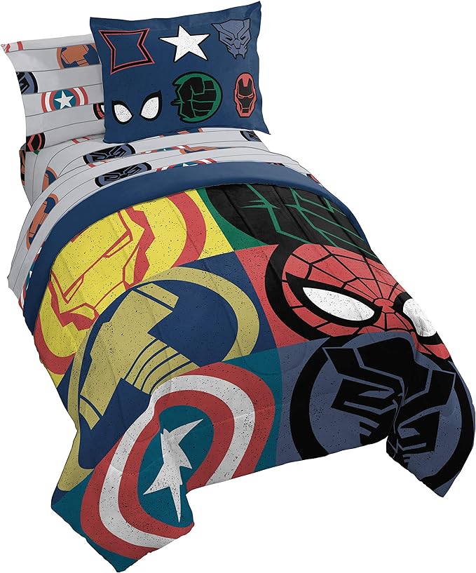Marvel Avengers Full Size Comforter Set 7 Piece Kids Bedding, Multi | Captain America, Bed in a Bag, Comforter Sheets Shams Pillowcases, Soft Microfiber, Machine Washable, Boys Gift
