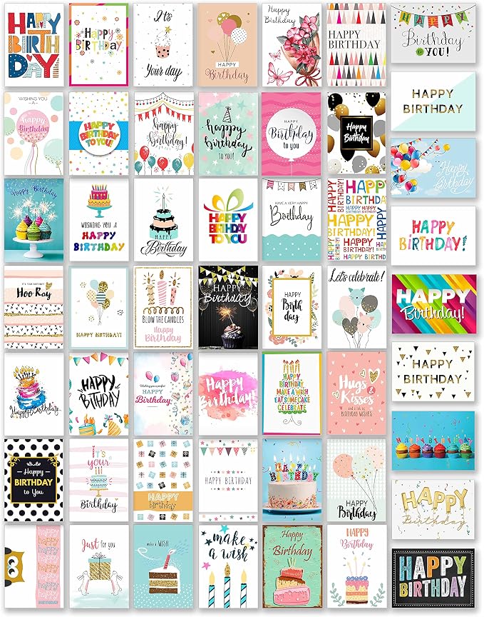 100 Unique Birthday Cards Assortment with Greetings Inside, Gold Foil Printing, Assorted Color Envelopes, 6 Sticker Designs to Seal Envelopes. 4x6 Inch
