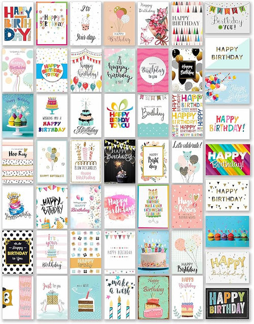 100 Unique Birthday Cards Assortment with Greetings Inside, Gold Foil Printing, Assorted Color Envelopes, 6 Sticker Designs to Seal Envelopes. 4x6 Inch