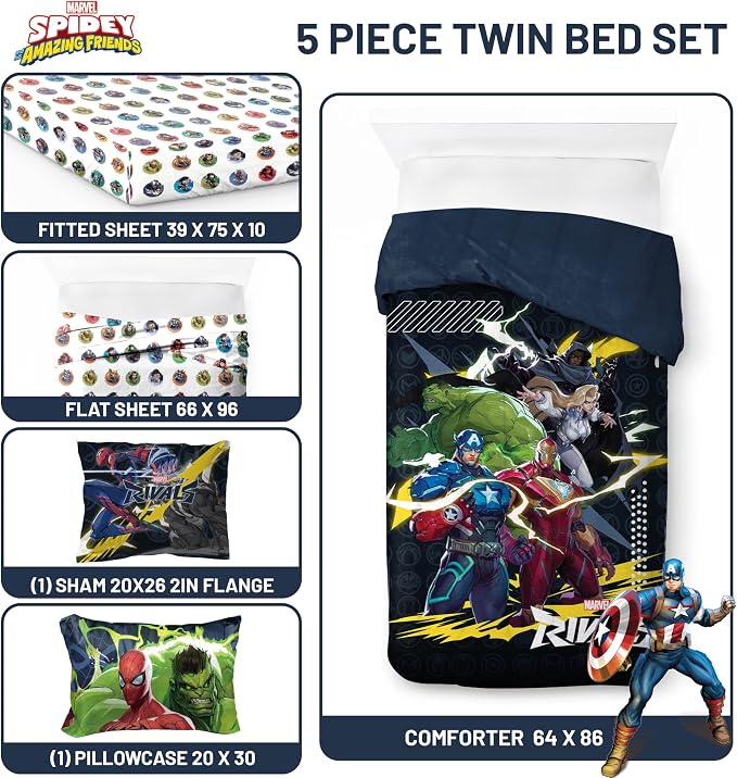 Marvel Rivals Twin Comforter Set 5 Piece Superhero Bedding for Boys, Multi | Avengers, Comforter Sheets Sham Pillowcase, Official Product, Soft Microfiber, Machine Washable, Easy Care, Boys Gift