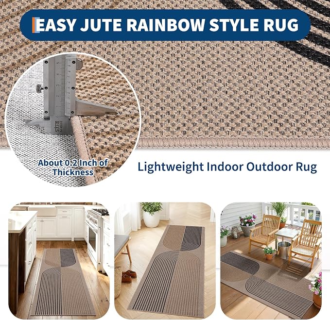 COZYLOOM 2x6 Striped Kitchen Rugs Non Slip Washable, Easy Jute Runner Rug for Hallway, Non Shedding Stain Resistant Foldable Geometric Farmhouse Mats for Entryway, Bedroom, Patio, Nature/Tan