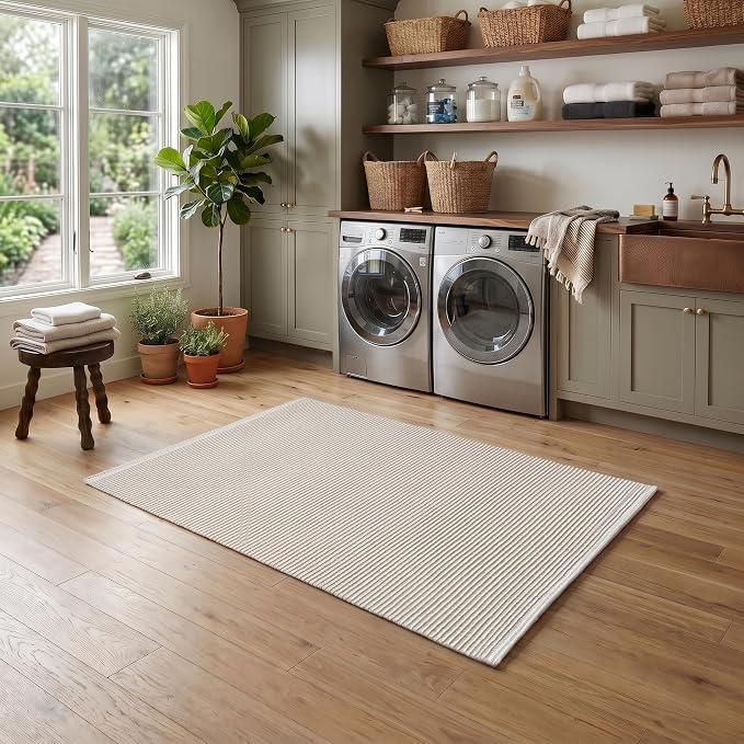 THE BEER VALLEY Hand Woven Area Rug 3x5 Feet - Ivory | Non Slip Indoor Outdoor Kitchen Large Rugs for Living Room, Washable Low Profile Patio Carpet