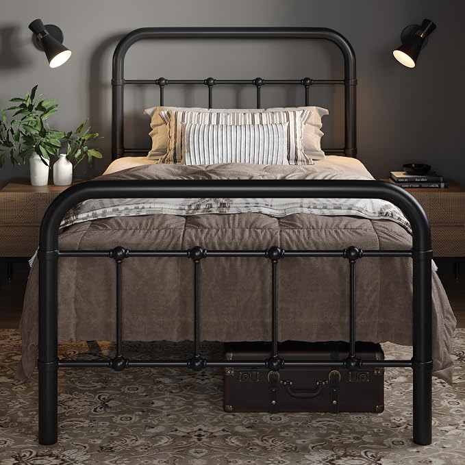 Allewie Twin Metal Bed Frame with Victorian Iron-Art Headboard, Black | Victorian Style Wrought Iron-Art Headboard/Footboard, Easy Assembly, Under Bed Storage, No Box Spring Required