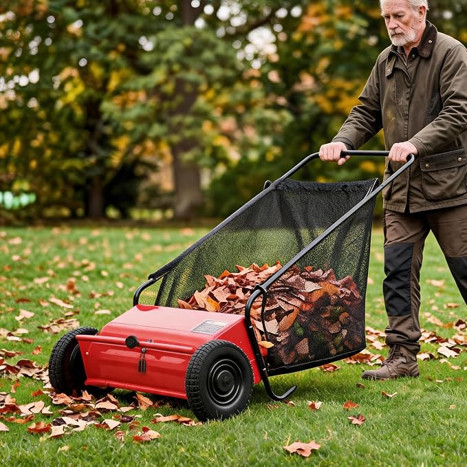 Heavy Duty 26-Inch Push Lawn Sweeper – 4 High-Speed Spinning Brushes | Sturdy Steel Frame, 7 Cu. Ft. Removable lawn mower, Walk-Behind Leaf & Grass Collector for Yard, Garden, Driveway – Color: