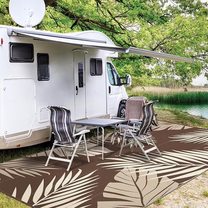 GENIMO Outdoor Rug, Waterproof Plastic Rugs 9'x18' for Camping Coffee Beige | Outside Larger Leaf Carpet Mat for Patio Decor, RV, Porch, Camper, Deck, Picnic, Beach, Backyard, Reversible, Foldable