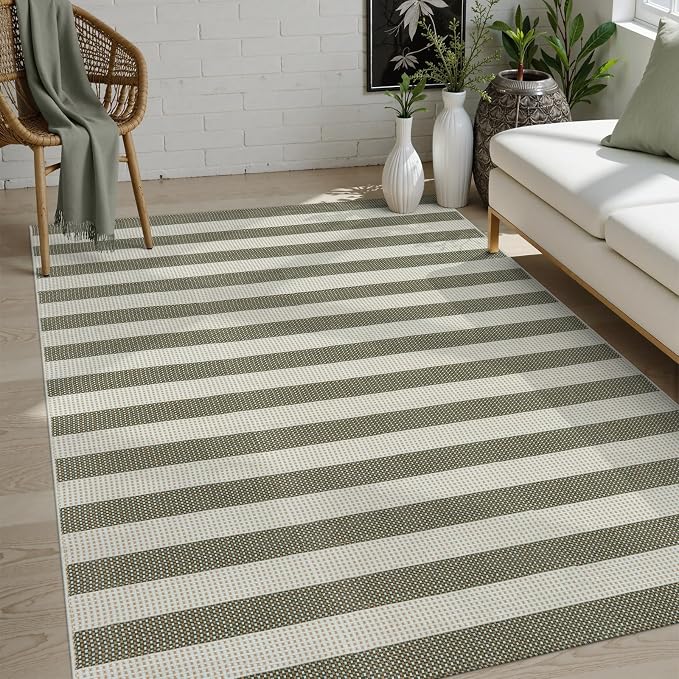 OJIA Outdoor Patio Rug 5'x7' Striped Washable Camping Rug Outdoor Carpet | Large Area Rugs Green Cotton Woven Thin Indoor Outdoor Rugs for Bedroom/Living Room/Front Porch Decor/Deck/Backyard/Camping