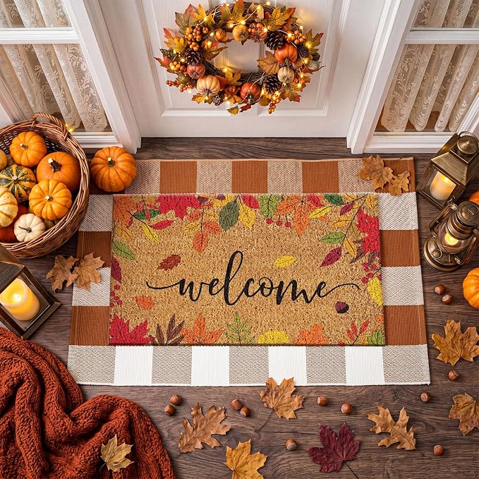 Moucuny 2 Pcs Fall Doormat Outdoor Maple Leaf Coir Welcome Mat 16'' x 28'', Layered Brown White Plaid Rug 24'' x 35'' for Fall Autumn Front Porch Entryway Entrance Decor