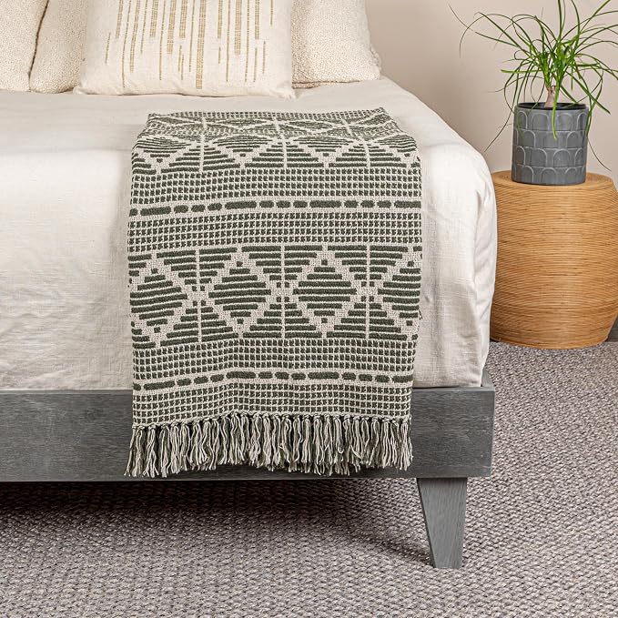 Bloomingville Soft Recycled Cotton Blend Throw with Diamond Pattern, Green and Beige