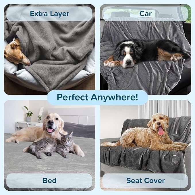 PETMAKER Water-Resistant Dog Blanket, Gray, 60” x 80” | Reversible Sherpa Blanket - Throws for Bed, Couch, Crate, or Car - Machine Washable Puppy Essentials