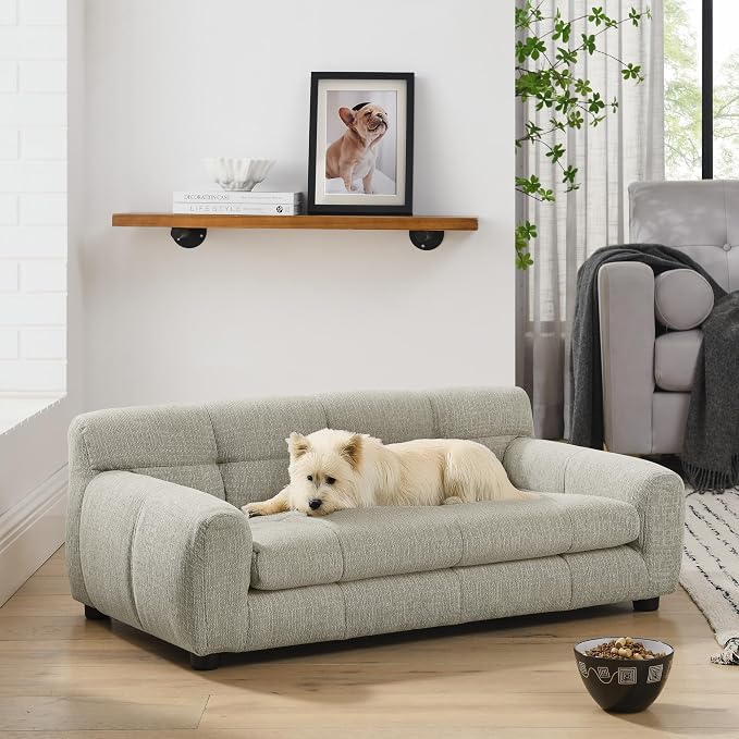 38" Dog Sofa Couch Bed for Small, Medium, Large Dogs, Soft Memory Foam Pet Sofa with Durable Linen Fabric, Comfortable Pet Couch with Backrest and Armrests, Easy to Clean and Maintain（Beige）
