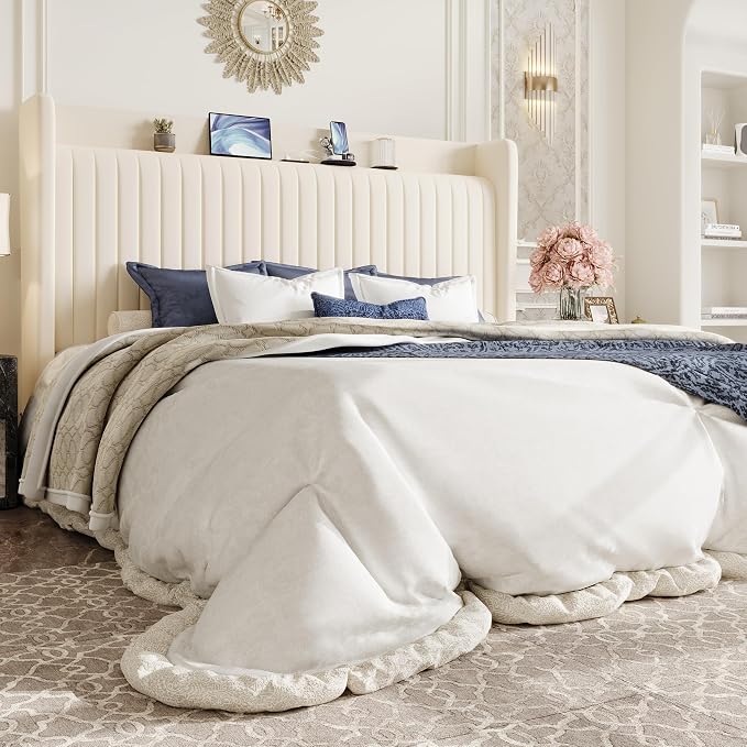 SHA CERLIN King Size Velvet Bed Frame with Shelf, Charging Station, Cream | Wingback Storage Headboard, Upholstered Platform Bed, Wooden Slats Support, No Box Spring Needed, Easy Assembly, Noise Free