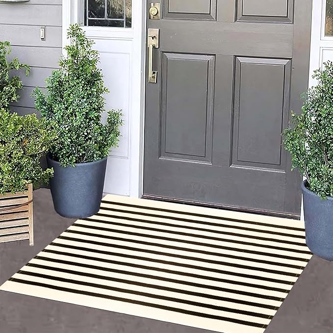 BUAGETUP Front Layered Door Mat 2'x3',Black and Beige Striped Outdoor Rug Machine Washable Cotton Outdoor Door MatEntryway Throw Rug for Indoor Entrance