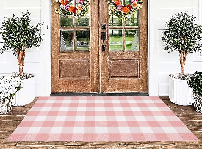 Pink and White Buffalo Plaid Rug 3'x5'Checkered Outdoor Rug Farmhouse Front Porch Rug Machine Washable Front Door Mat Outdoor for Hello Welcome Mat,Bedroom,Entryway,Patio