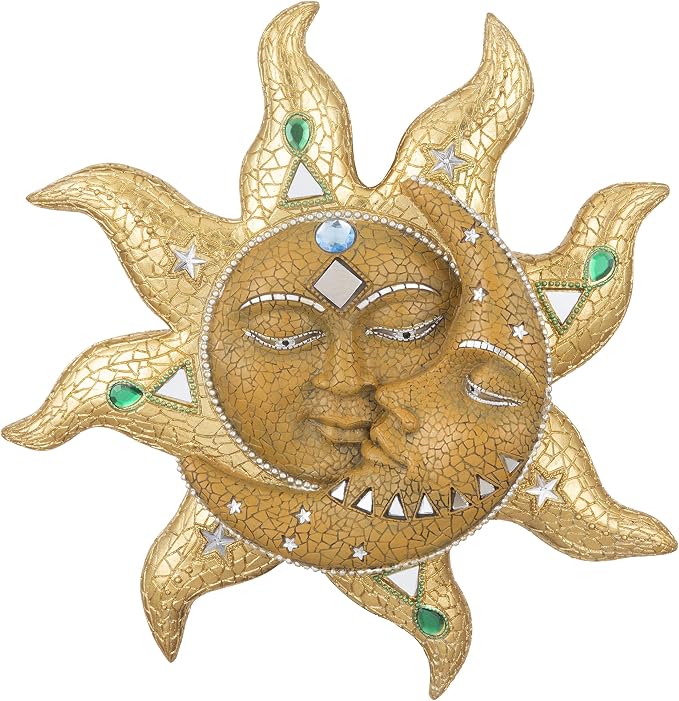 George S. Chen Imports Hand Painted Polyresin Mosaic Sun and Moon Face Wall Décor – Celestial Art for Indoor or Outdoor Home Decoration 63148