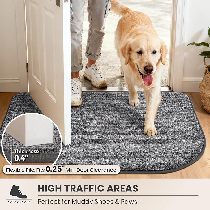 PURRUGS Dirt Trapping Door Mat Half Round 32" x 47", Non-Slip Machine Washable Entry Rug, Entrance Mat, Indoor Front Door Mat, Super Absorbent Entryway Rug for Muddy Shoes & Paws, Heathered Grey