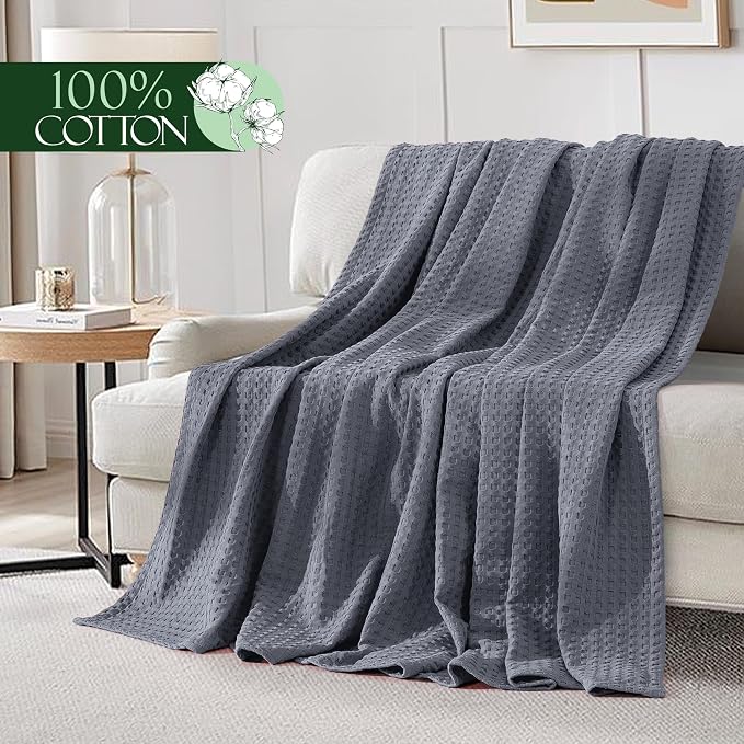 Elegant Comfort Premium 100% Cotton Waffle Blanket - Lightweight Breathable Waffle Weave Bed Blanket - Soft and Warm All Season Blanket for Couch, Sofa and Bed, King Size 90x108 Inches, Gray