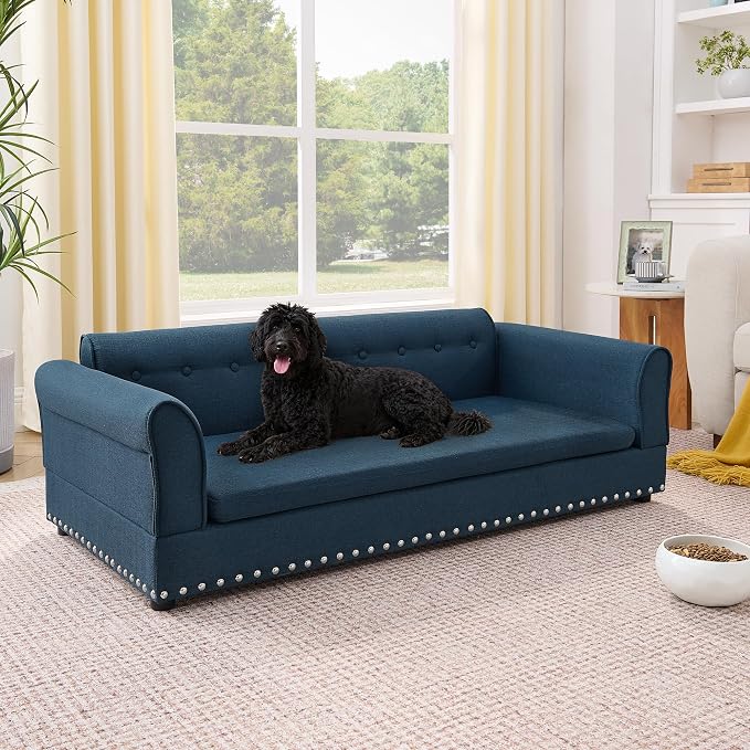 Elevated Dog Sofa for Medium to Large Dogs, Button Tufted Dog Couch Bed with Backrest and Armrests, Durable Memory Foam Pet Bed, Removable Cushion for Medium and Large Dogs, Dark Blue
