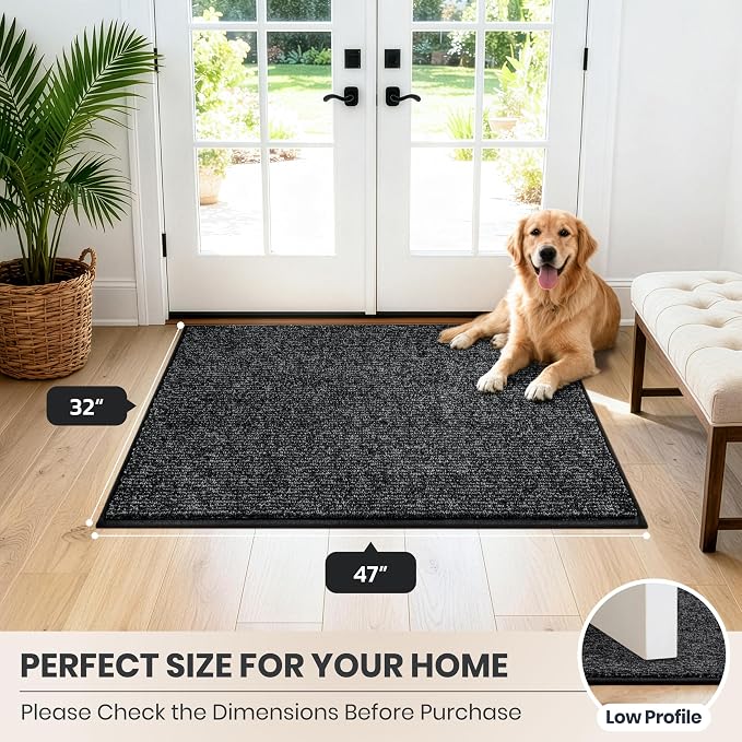 PURRUGS Dirt Trapping Door Mat 32" x 47", Non-Slip Machine Washable Entry Rug, Entrance Mat, Indoor Front Door Mat, Super Absorbent Entryway Rug for Muddy Shoes & Paws, Heathered Charcoal