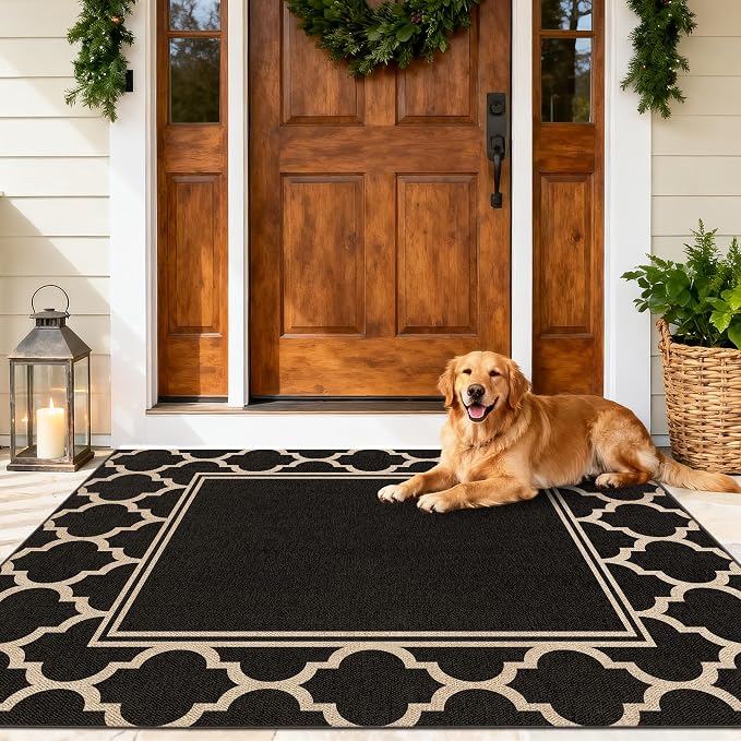 Washable Moroccan Easy Jute Rug, 3x5 Neutral Outdoor Indoor Patio Small Bordered Rug, Woven Thin Non Slip Carpet Door Mat for Entryway Front Door Porch Farmhouse Backyard Kid Nursery Play Room
