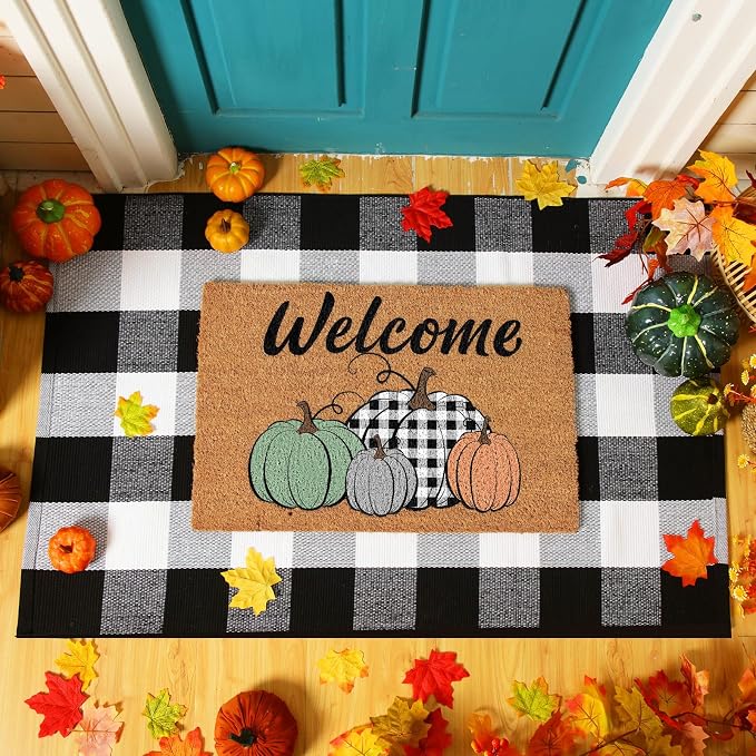 Moucuny 2 Pcs Fall Coir Doormat Outdoor 16'' x 28'' Stacked Pumpkin Welcome Doormat Layered 24'' x 35'' Black and White Plaid Rug Fall Non Slip Floor Mat Fot Autumn Entrance Porch Front Decor