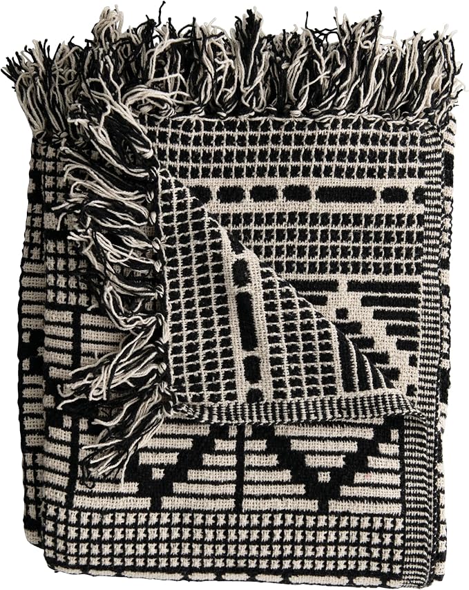 Bloomingville Soft Reclaimed Cotton Blend Throw with Diamond Pattern and Fringe, Black and Beige