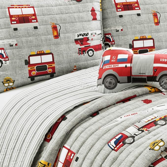 Lush Decor Fire Truck Quilt 3 Piece Set, Twin, Red & Gray - Reversible Stripe Print Toddler Bedding Set for Kids Room