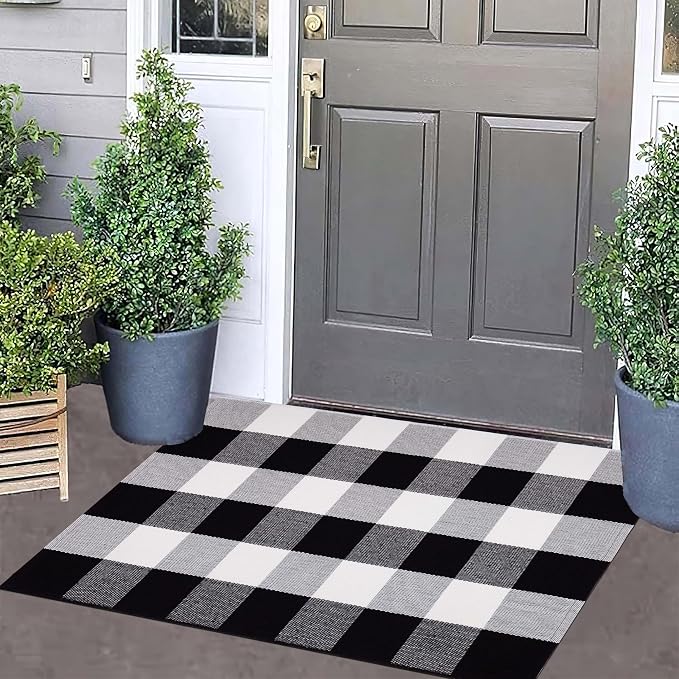 Black and White Layered Doormat 24''x35''Buffalo Plaid Checkered Rug Cotton Machine Washable Mat for Front Porch, Kitchen, Farmhouse, Entryway,Bathroom
