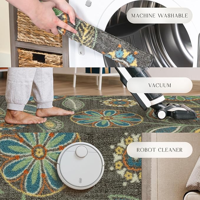 Maples Rugs Reggie Floral Kitchen Rug - Made in USA - Washable, Non Slip Indoor Carpet for Entryway, Foyer, Kitchen, and Bathroom, 1'8 x 2'10, Dark Grey