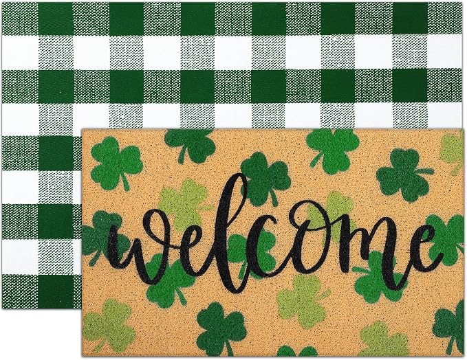 Tinideya 2 Pcs St. Patrick Day Door Mat Welcome Non Slip Coir Mats Clover Pattern Green White Plaid Floor Layering Doormats Seasonal for Front Porch Entryway Decor(st Patrick's Day)