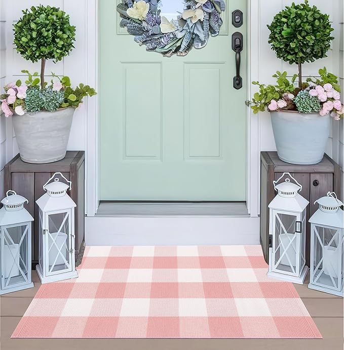 Pink and White Front Door Mat 24''X35'' Buffalo Plaid Checked Front Porch Rug Cotton Woven Washable Rug Layering Doormat for Welcome Door Mat Entryway Dining Room Bedroom Living Room