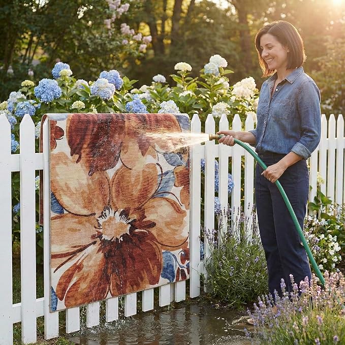 ReaLife Rugs Machine Washable Indoor Outdoor - Mat Rug Foldable Printed Thin Lightweight Cushioned Fade Resistant Patio Deck Dock Porch Pool Balcony Camping - Kai- Red Orange Blue 5' x 7'