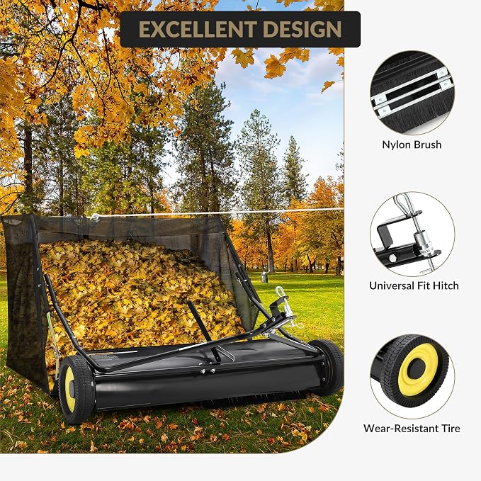 Garvee 52 in Tow-Behind Lawn Sweeper, 10 in Nylon Brushes, Universal Tractor/ATV Hitch, Never-Flat Wheels, Adjustable Height, Ideal for Leaves, Grass & Debris
